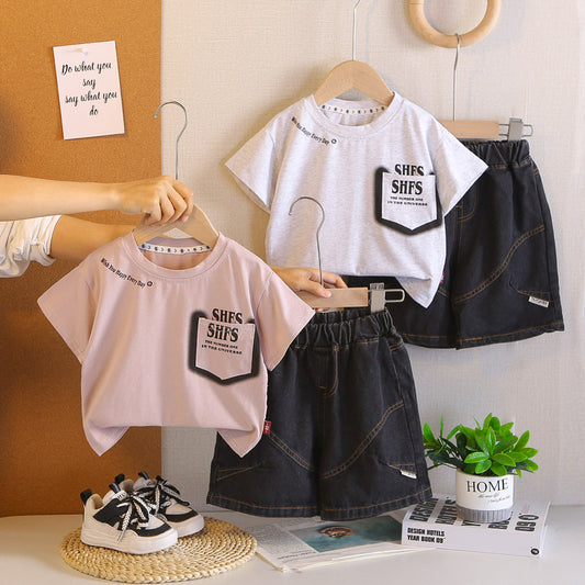 Children's clothing for boys, outfit, baby pocket letter print short-sleeve set, 2026 summer style, stylish boys' children's clothes