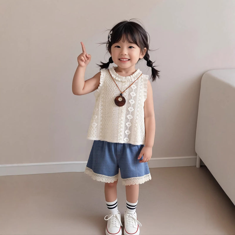 Girls' Summer Jacquard Vest 2026 New Fashionable Children's Baby Girl Lace Shorts Two-Piece Set Trendy