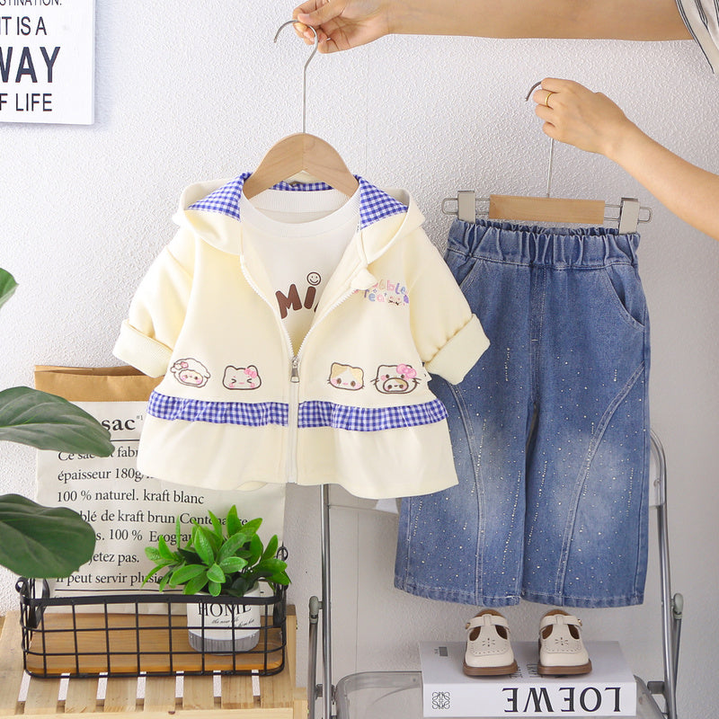 Girls' Autumn Outfit 2026 New Fashionable Children's Korean Style Four Bear Head Little Girl Hoodie Three-Piece Set