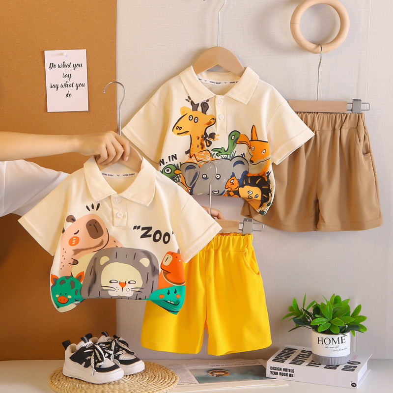 Boys' Outfit 2026 New Style Baby Clothes Cartoon Animal Short Sleeve Summer Two-Piece Set Trendy