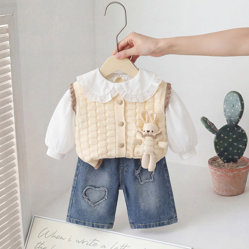 Baby Girl Outfit 2026 New Fashionable Infant Clothes Girls' Spring and Autumn Cartoon Doll Rabbit Sweater Three-Piece Set