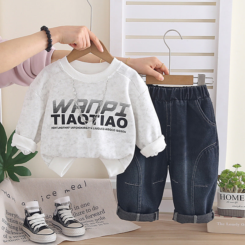 Baby Autumn Sweatshirt 2026 New Model Boys' Spring Long-Sleeve Letter Necklace Two-Piece Set for 1-3 Year Olds and 5-Year-Olds