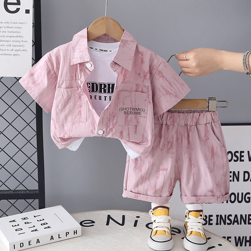 Boys Summer Outfit 2026 New Fashionable Baby Toddler Casual Shirt Short Sleeve Shorts Three-Piece Set Trendy