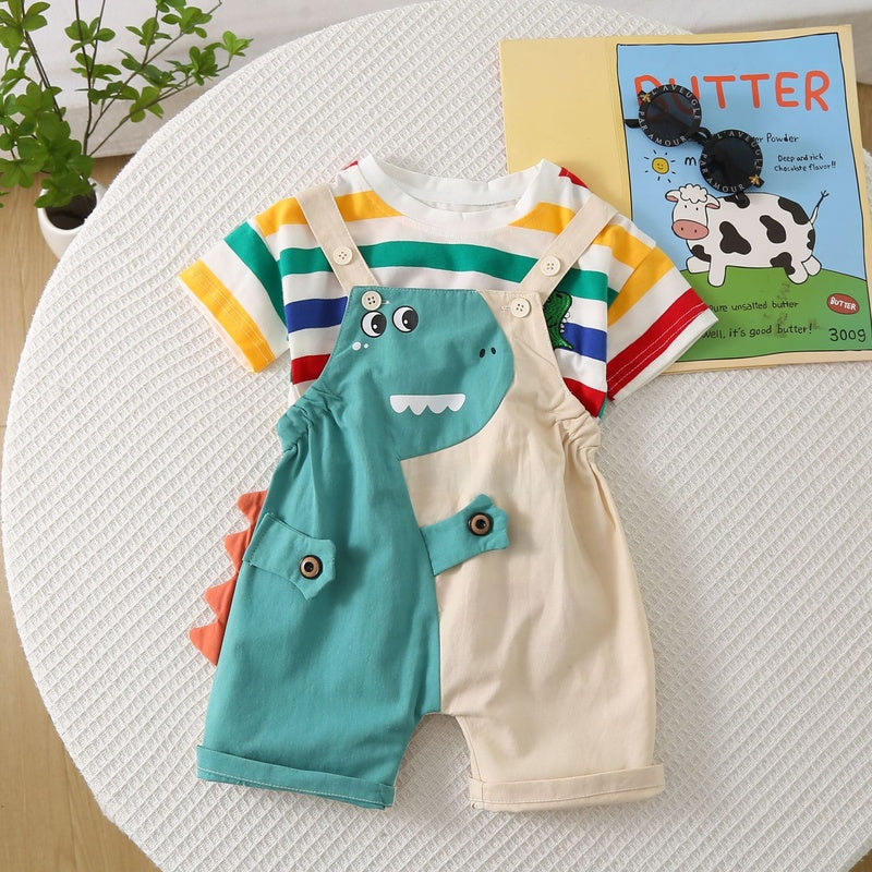 Children's Clothing Short Sleeve Set 205 New Summer Boys and Girls Kids Infant Cartoon Color Striped Dinosaur Suspender Shorts