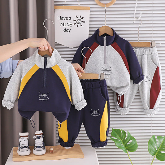 Boys' Patchwork Half-Zip Sweatshirt Set, Stylish New Spring Autumn Two-Piece Outfit for Toddlers and Children