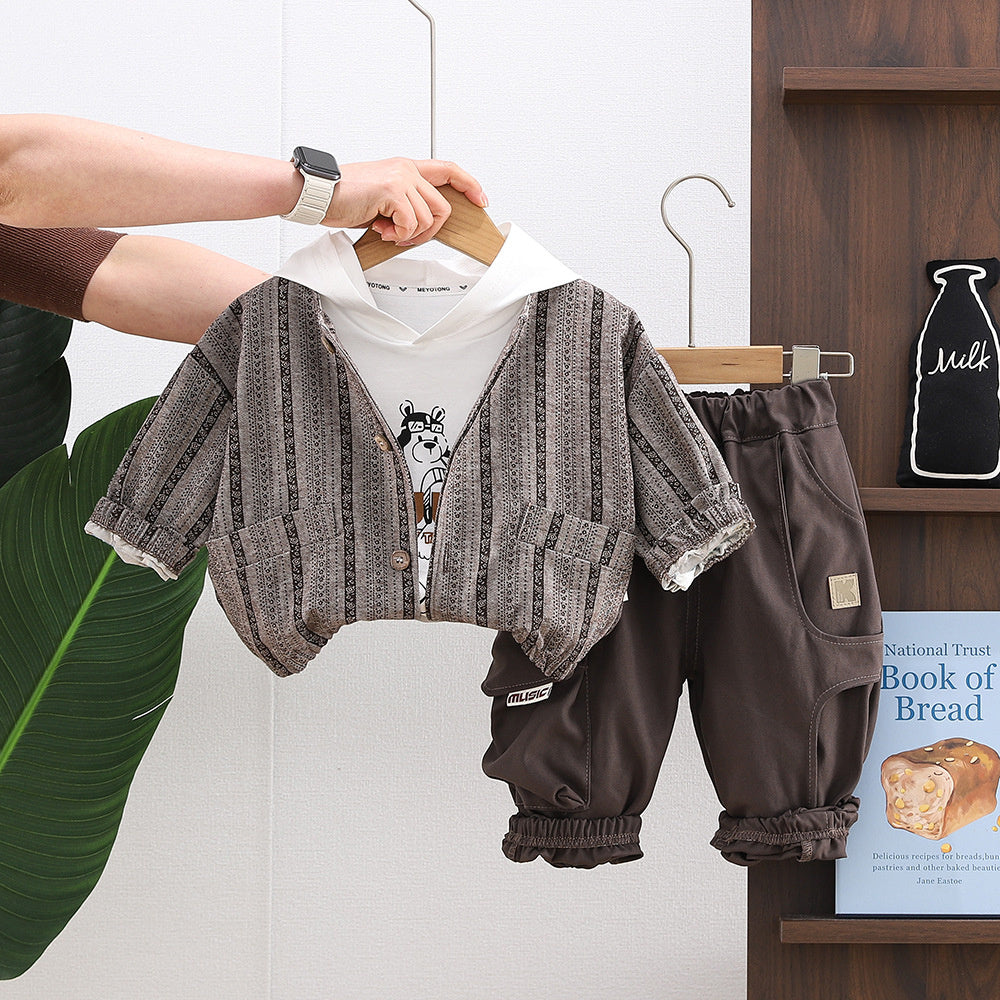 Boys' Outfit 2026 New Style Baby Boy Infant Children's Spring and Autumn Stylish Vertical Stripe Hooded Bear Cardigan Three-Piece Set