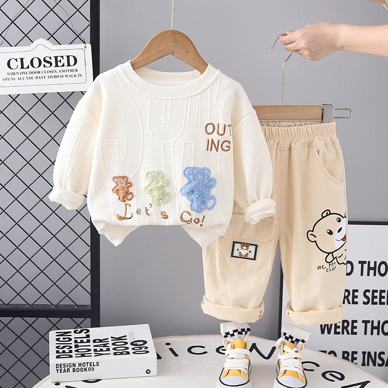 Infant Spring and Autumn Round Neck Children's Clothing Boys New Long Sleeve Three Bears Sweatshirt Two-Piece Set One Piece Dropshipping