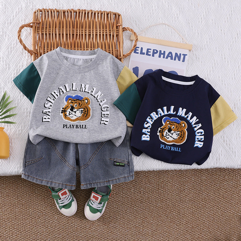 Boys' Outfit 2026 New Children's Cartoon Animal Clothes Baby Summer Thin Color-Block T-Shirt Two-Piece Set
