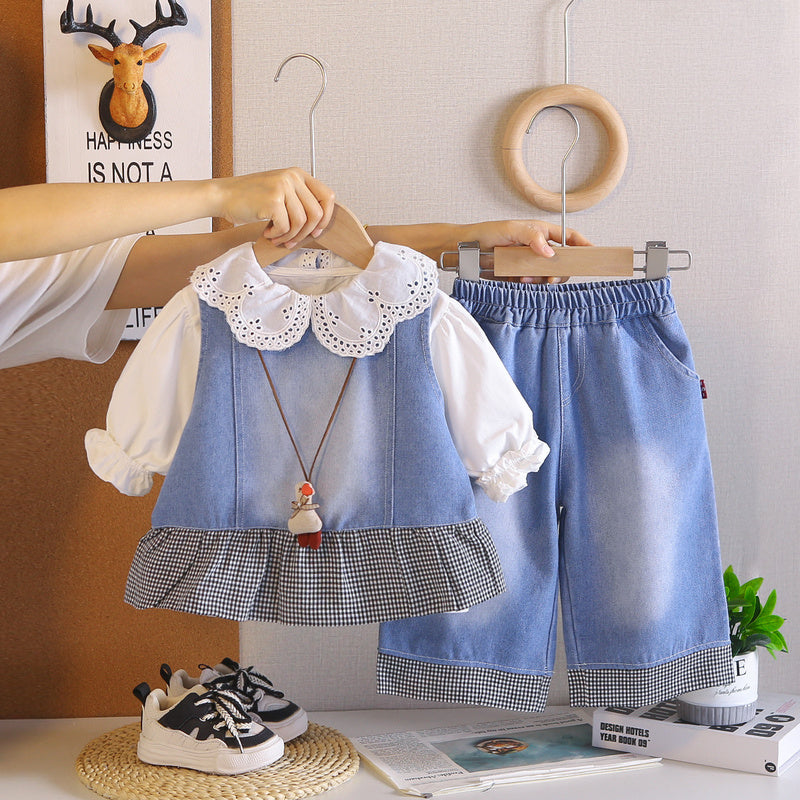 Girls' Outfit 2026 New Spring and Autumn Fashionable Children's Baby Girl Doll Collar Denim Vest Long Sleeve Three-Piece Set