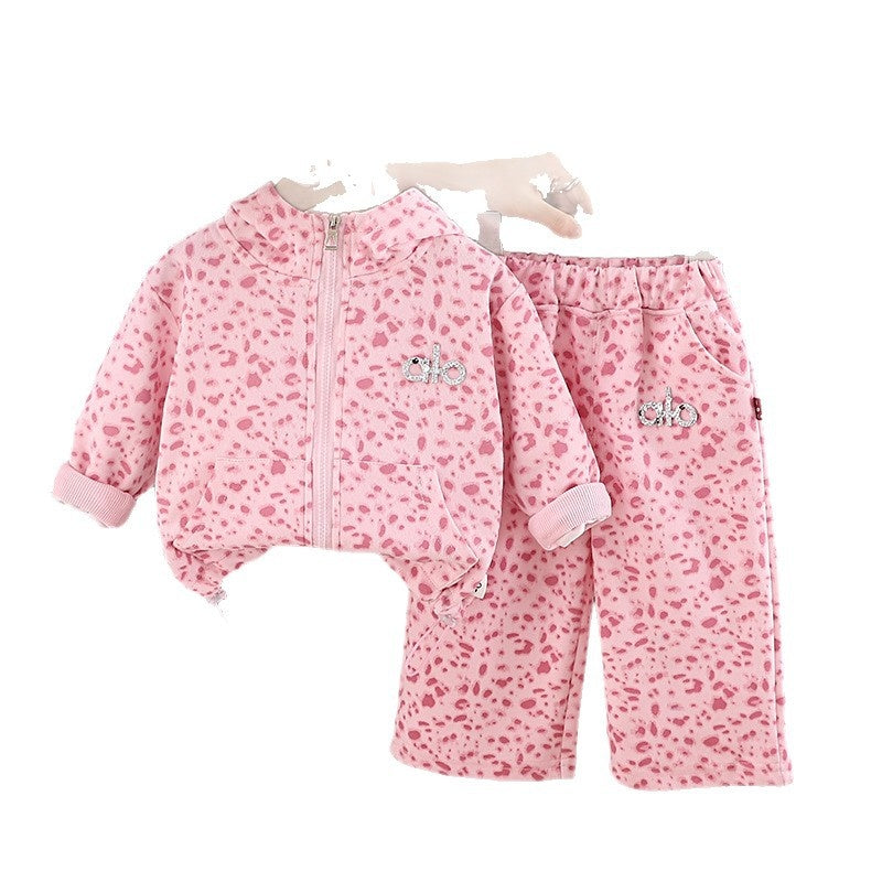Children's Spring and Autumn Outfit for Girls, Stylish Hooded Leopard Print Jacket Set, Toddler Casual Sports Two-Piece Clothing Trendy
