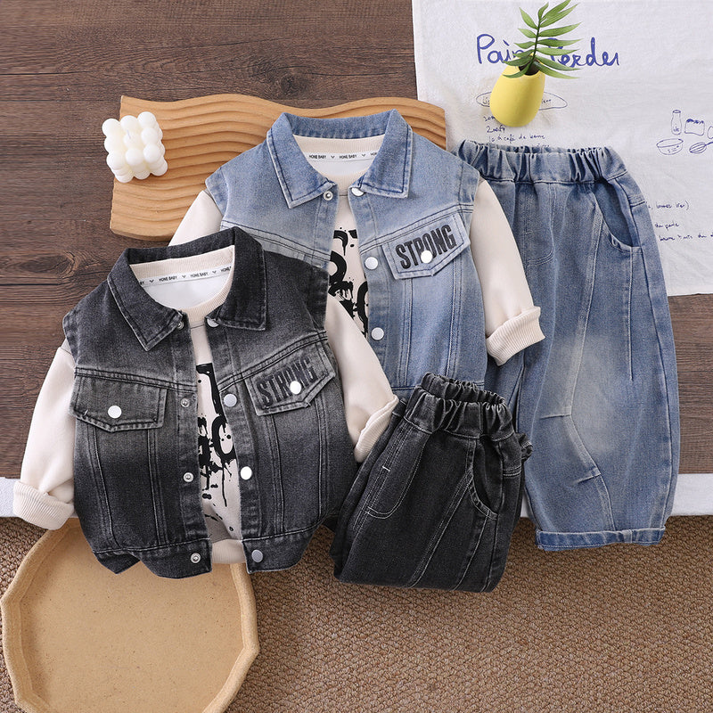 Boys' Denim Vest with Pockets Three-Piece Set 2026 New Fashionable Stylish Baby Clothes Spring and Autumn Outfit Trendy