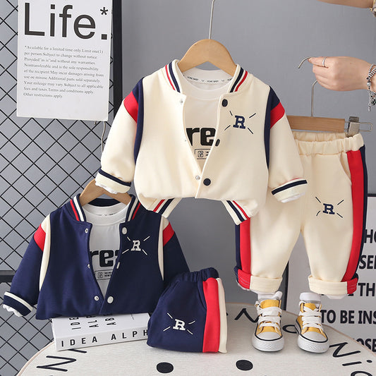 Children's Boys' and Autumn Clothing 2026 New Spring Fashionable Sporty Letter Baseball Outfit Three-Piece Set