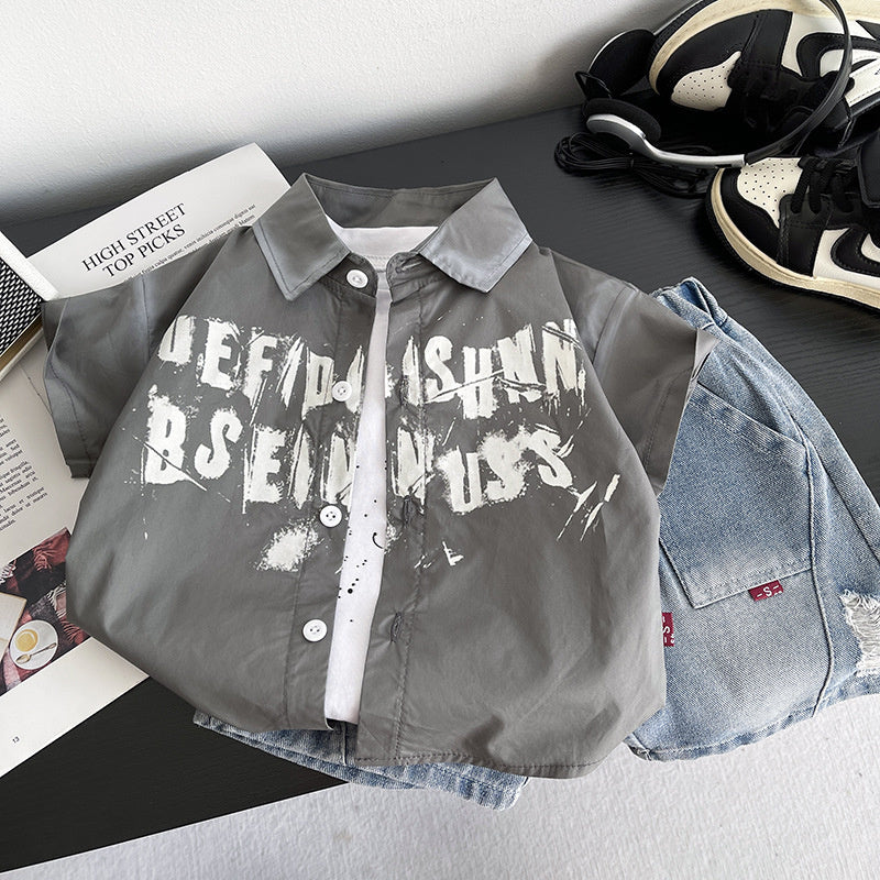Boys' 2026 New Stylish Children's Short-Sleeve English Shirt Three-Piece Set Baby Summer Fashion
