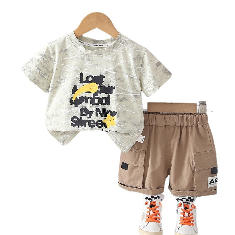 Boys' Letter Embroidered Short Sleeve Summer 2026 New Baby Round Neck Clothes Infant Children's Two-Piece Set