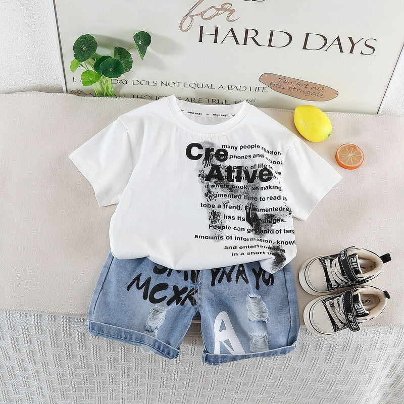 2026 Summer New Fashionable Letter Print Short Sleeve Shorts Two-Piece Set for Boys 1-3 and 4 Years Old