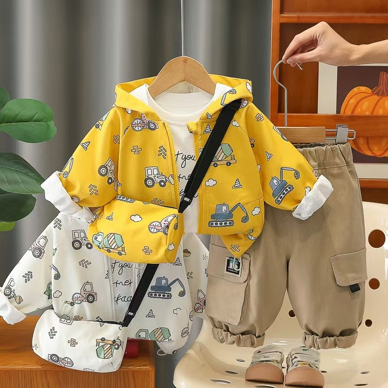 Boys' Spring and Autumn Outfit 2026 New Style Baby Boy Fashionable Cartoon Bag Long Sleeve Three-Piece Set Infant Children's Jacket