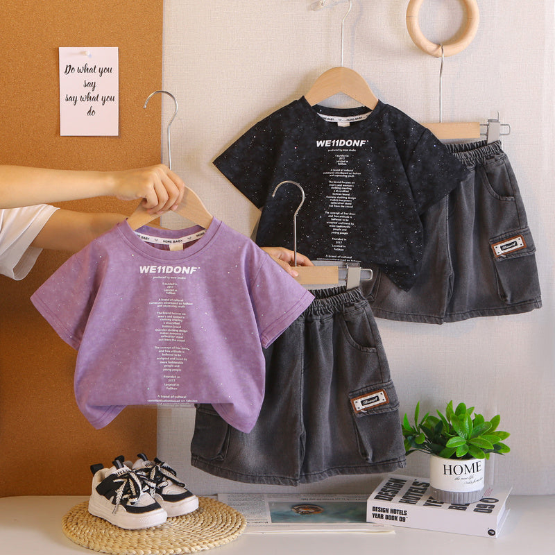 Baby boy outfit children's clothing ages 1-3, stylish summer style for boys, small letter print short-sleeve two-piece set, trendy