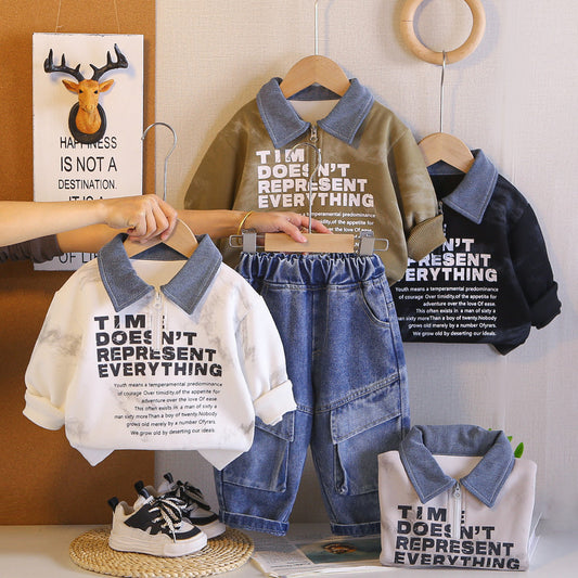 Boys' Outfit 2026 New Style Infant Children's Spring and Autumn Baby Loose Half-Zip Sweatshirt Two-Piece Set