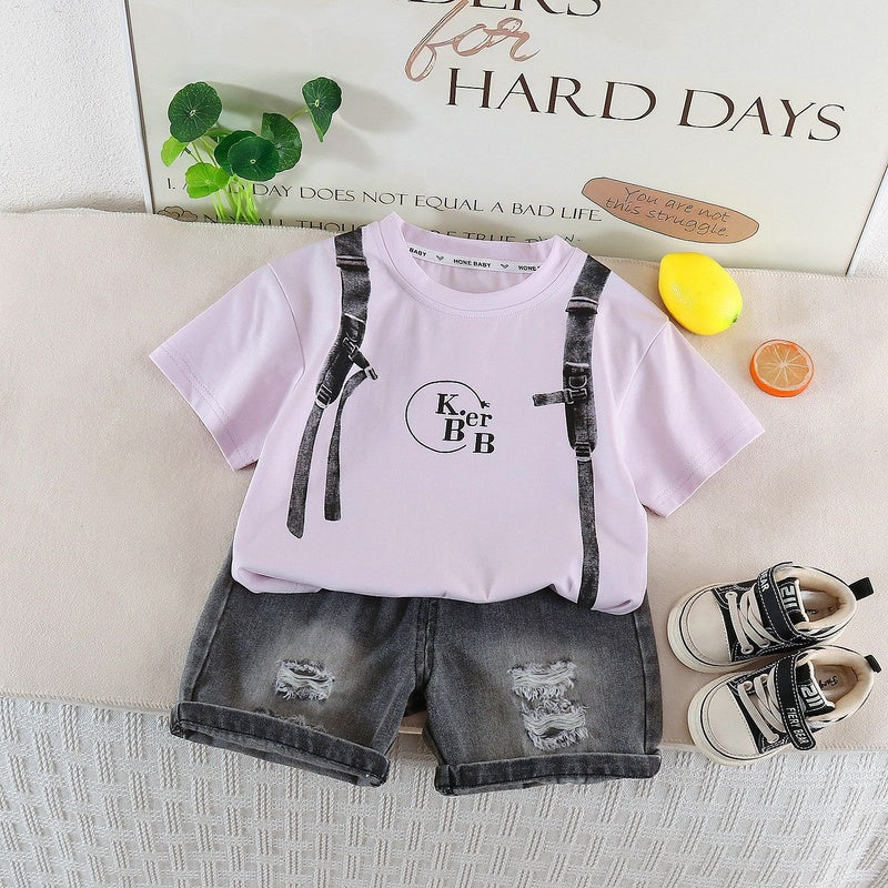 Children's Sports Outfit 2026 Summer New Style Boys and Girls Faux Backpack Short Sleeve Baby Casual Shorts Cute Two-Piece Set