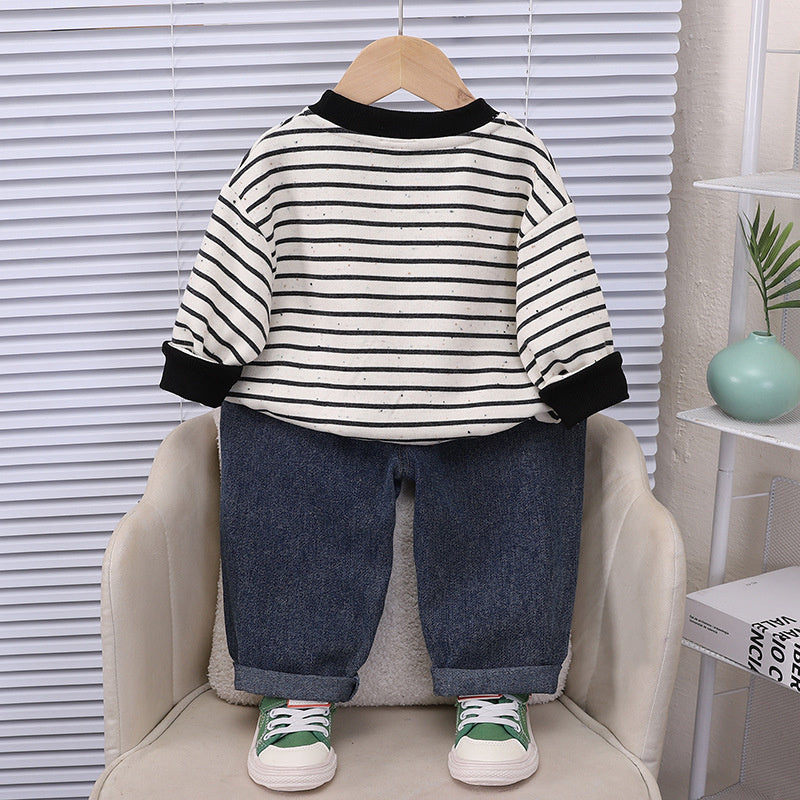 Boys' striped cartoon pocket suit 2026 new fashion stylish children's clothing for 1-year-old infants spring and autumn cute outfit