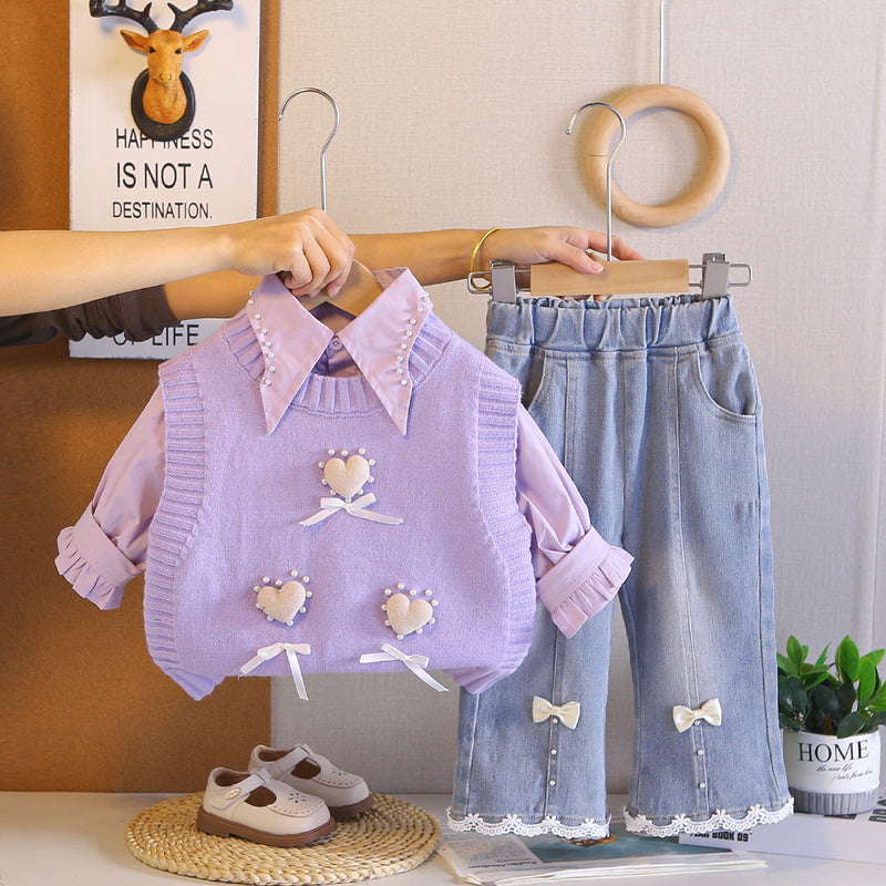Girls' Outfit 2026 New Children's Spring and Autumn Long-Sleeve Heart Pattern Sweater Three-Piece Set for Young Children