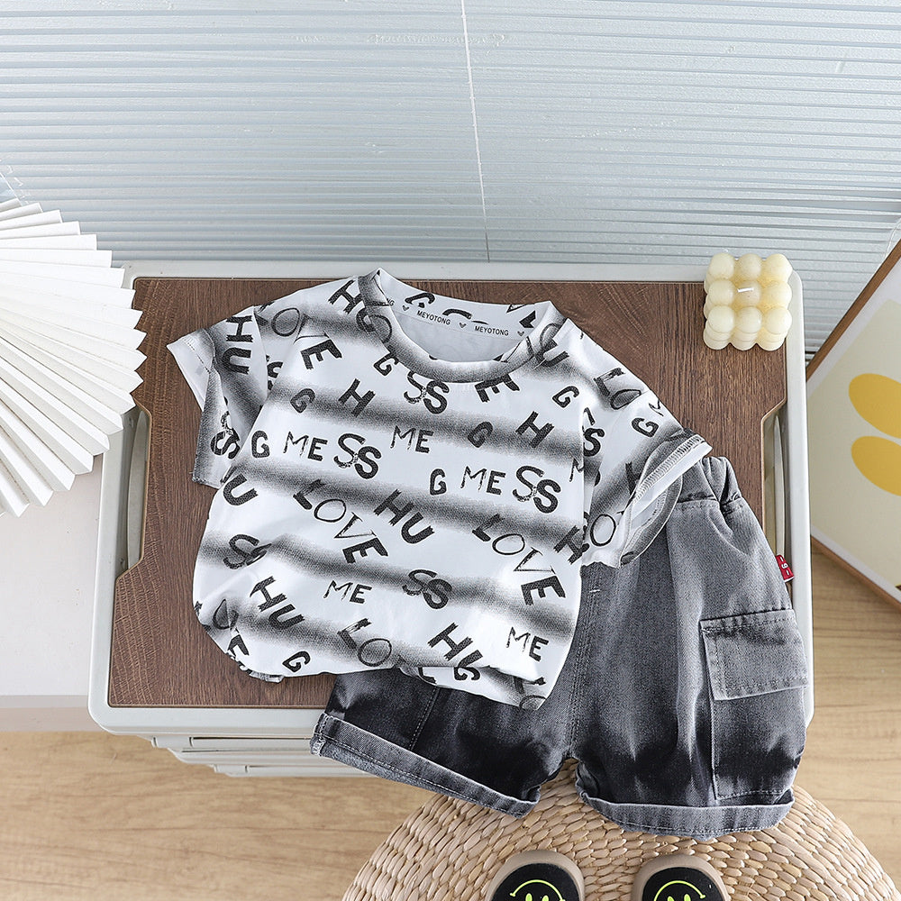 Boys' Summer Outfit 2026 New Fashionable Infant Toddler Casual Tie-Dye Short Sleeve Denim Shorts Two-Piece Set