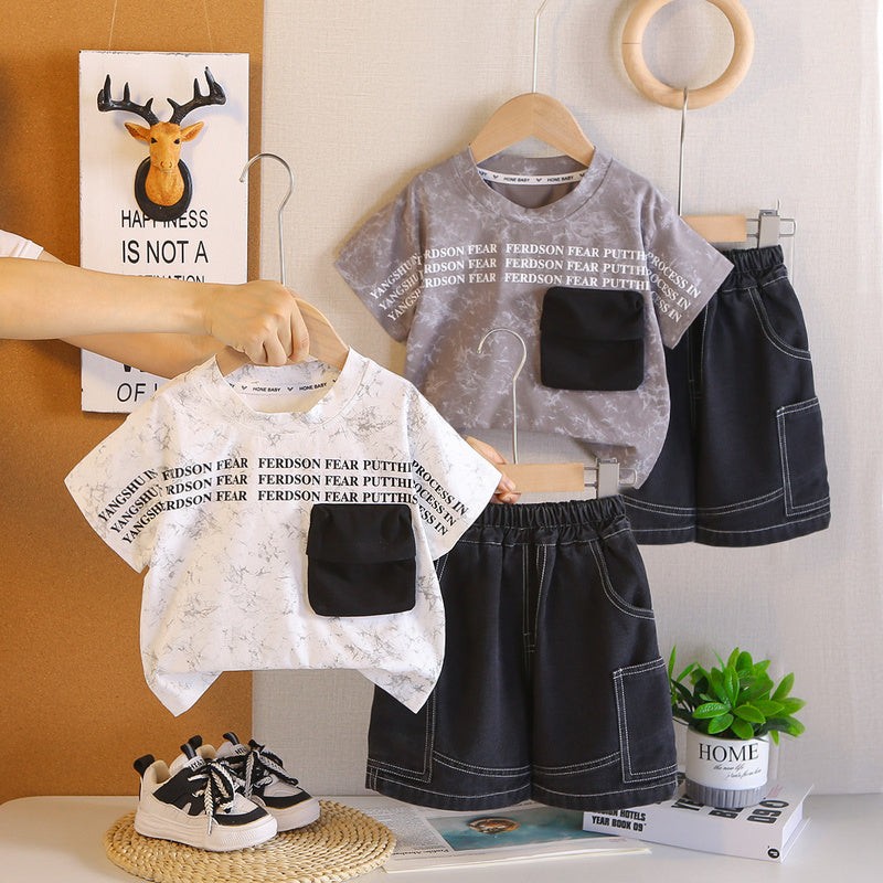 Boys' Outfit 2026 New Style Pocket Short Sleeve Fashionable Toddler Summer Clothes Round Neck Thin Two-Piece Set Trendy