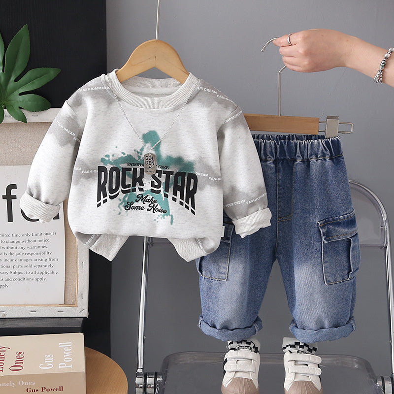 Boys' 2026 New Fashionable Children's English Necklace Sweatshirt Two-Piece Set Baby Spring and Autumn Trendy Outfit