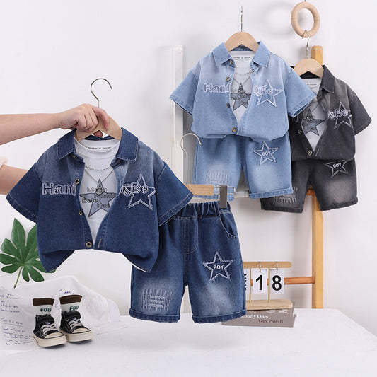 Boys' Summer Outfit 2026 New Fashionable Children's Star Denim Short Sleeve Shorts Three-Piece Set Baby Casual Trendy