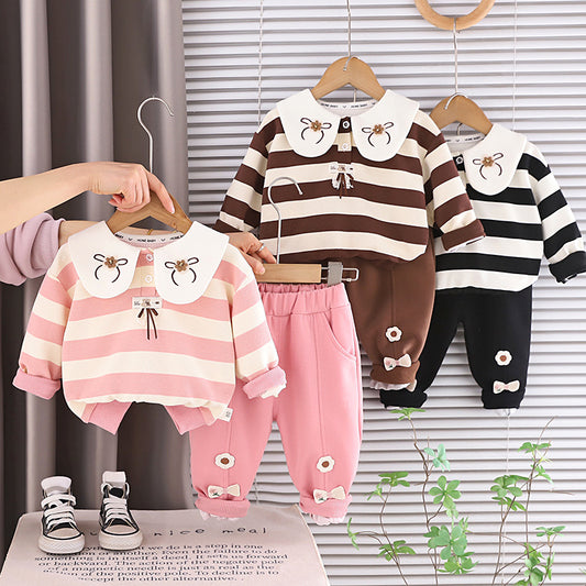 Girls' Sweatshirt 2026 New Baby Children's Clothing Spring and Autumn Outfit Striped Bow Two-Piece Set Trendy