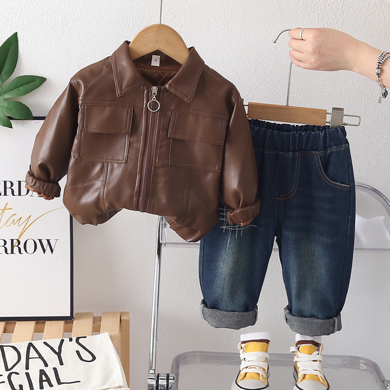 Boys' Outfit 2026 New Fashionable Baby Children's Spring and Autumn Stylish Turn-down Collar Square Pocket Leather Jacket Two-piece Set