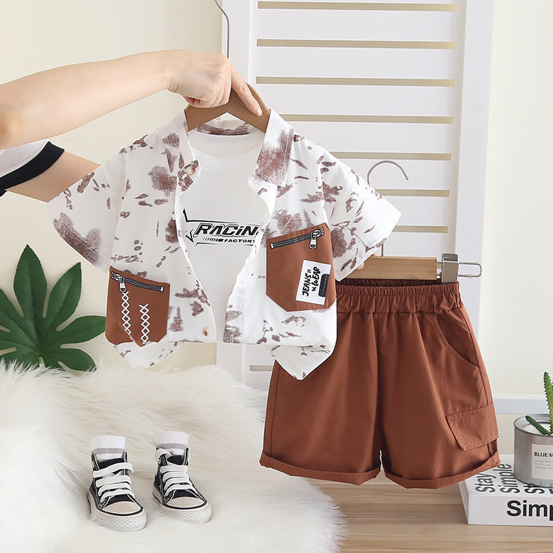 Boys' Outfit 2026 New Short-Sleeve Casual Baby Clothes Children's Summer Zipper Patchwork Three-Piece Trendy Set
