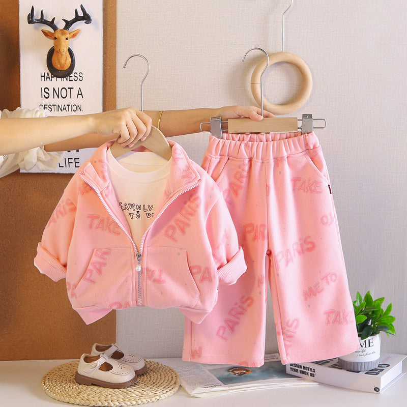 Girls' Spring and 2026 New Fashionable Children's Casual Autumn Outfit with Full Letter Print Three-Piece Set