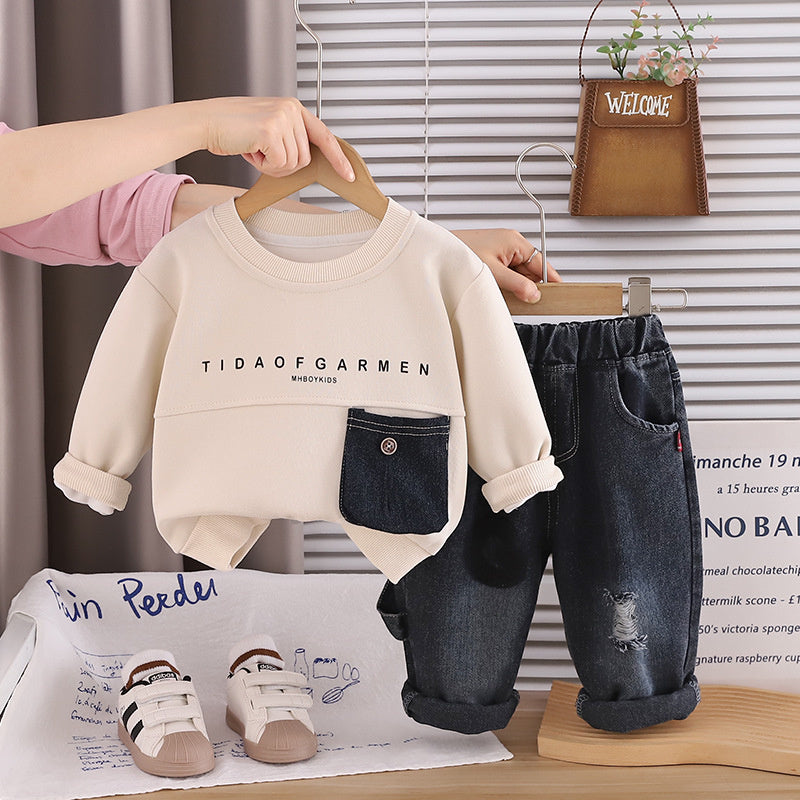 Boys' Suit 2026 New Style Children's Stylish Big Pocket Sweatshirt Outfit Baby Fashionable Spring and Autumn Two-Piece Set