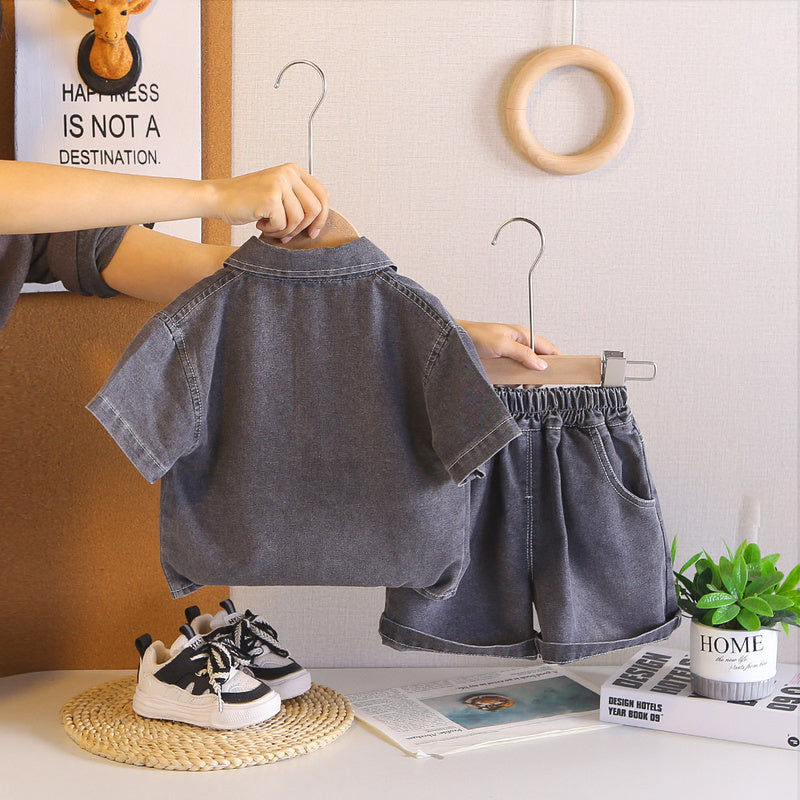Boys' Outfit 2026 New Style Baby Summer Letter Print Denim Clothes Children's Stylish Short Sleeve Three-Piece Set