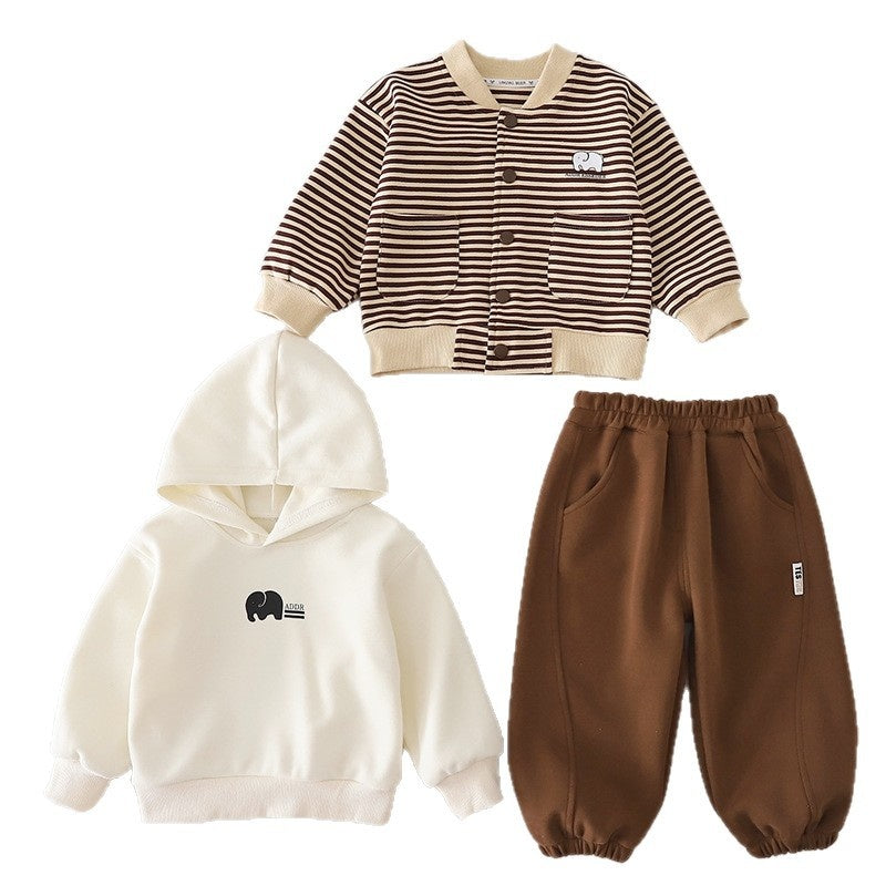 Boys' Outfit 2026 New Children's Spring and Autumn Baby Stylish Elephant Striped Cardigan Three-Piece Set Trendy