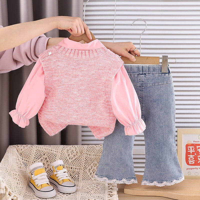 Clothing 2026 New Style Children's Floral Sweater Long Sleeve Outfit Little Girls Spring and Autumn Three-Piece Set