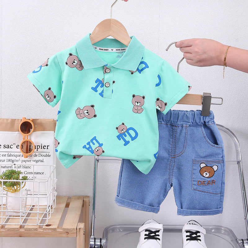 Baby Summer Outfit 2023 New Stylish Fashionable Children's Short-Sleeve Suit with Bear Print and Turn-down Collar for Boys