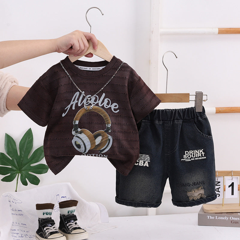 Children's 2026 New Style Boys' Casual Chain Earphone Short Sleeve Clothes Baby Summer Fashion Outfit