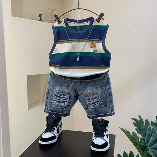 Boys' Summer Vest 23 New Baby Internet Celebrity Street Sleeveless Clothes Children's Korean Style Cool Two-Piece Set