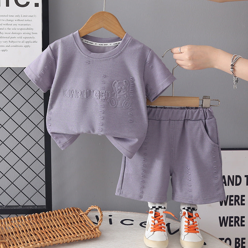 Boys' Outfit: Distressed Bear Short-Sleeve Set 2026 New Fashionable Baby Summer Clothes, Lightweight and Stylish for Children