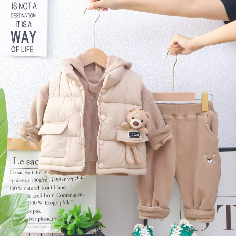 Baby Fleece-Lined Footed Bear Cotton Suit Thickened 2 Children's Clothes Boys' Autumn Clothing 1-Year-Old Infant Winter Outfit