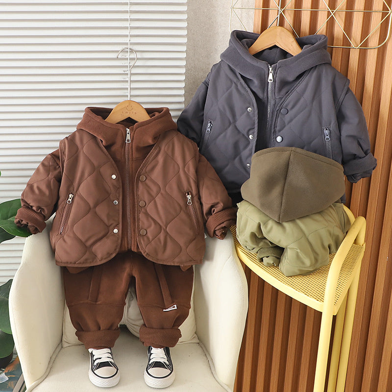 Boys' Thickened Outfit Winter Korean Style Fashionable Children's Outerwear Zipper Pocket Vest Fleece Three-Piece Set Trendy