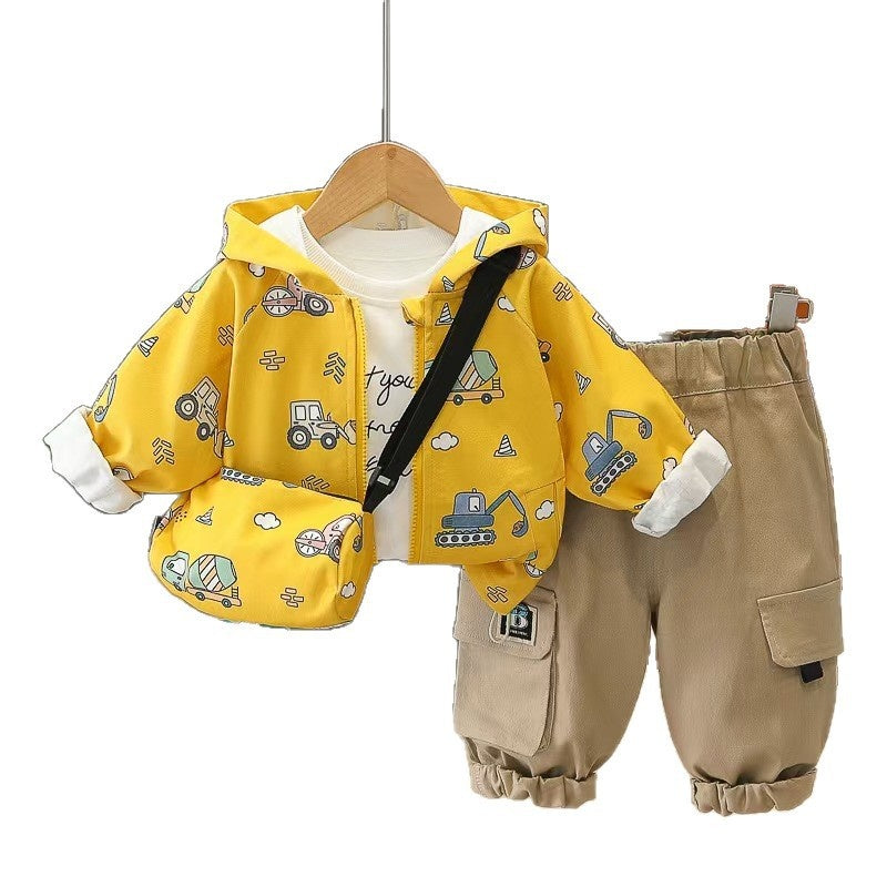 Boys' Spring and Autumn Outfit 2026 New Style Baby Boy Fashionable Cartoon Bag Long Sleeve Three-Piece Set Infant Children's Jacket