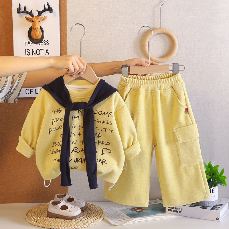 Girls' Outfit 2026 New Fashionable Letter Print Shawl Two-Piece Set Girls, Trendy Spring and Autumn Clothes for Babies