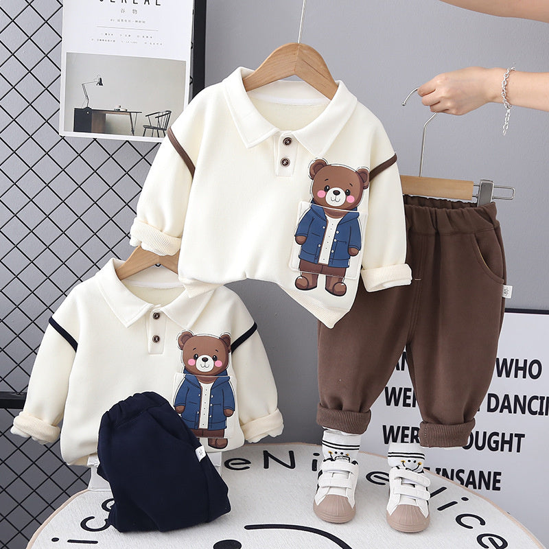 Boy Fleece Pocket Bear Button-Up Shirt Set 1-3 Years Old Winter Two-Piece Baby Clothes One Piece Dropshipping
