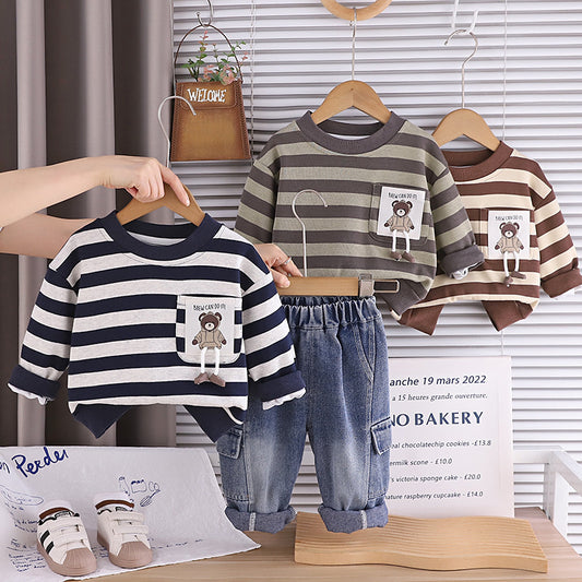 Boys' Suit and Autumn 2026 New Fashionable Children's Long Sleeve Striped Pocket Bear Logo Two-Piece Set Baby Spring Outfit