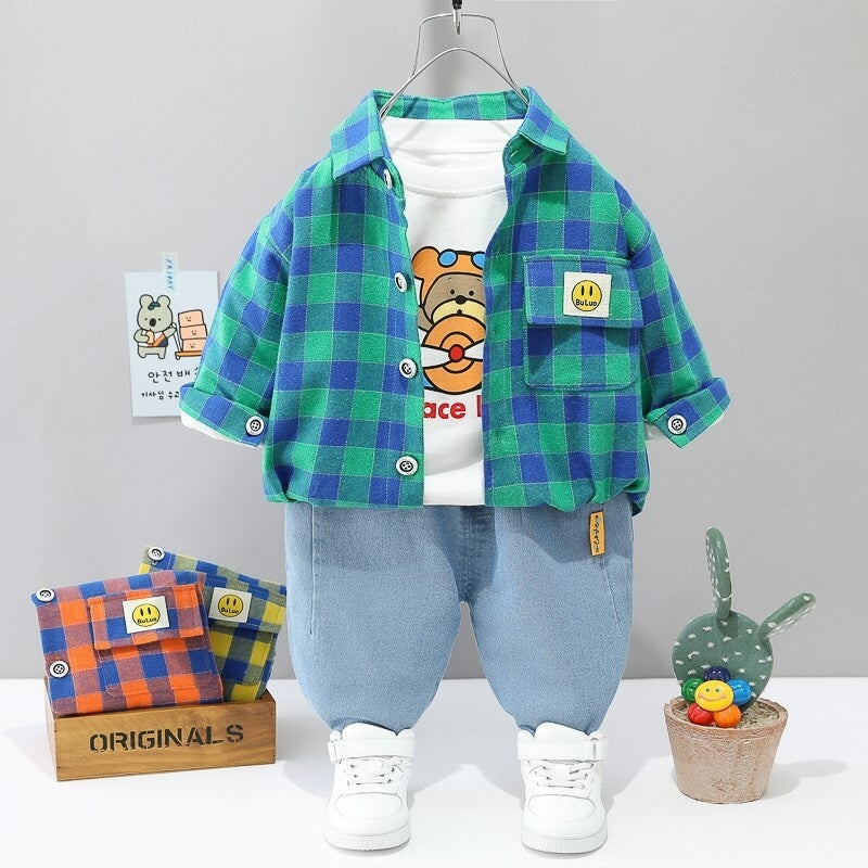 Children's Outerwear Baby Girls Spring and Autumn Outfit 1-4 Years Old Foreign Trade Boys Plaid Shirt Denim Three-Piece Set 2