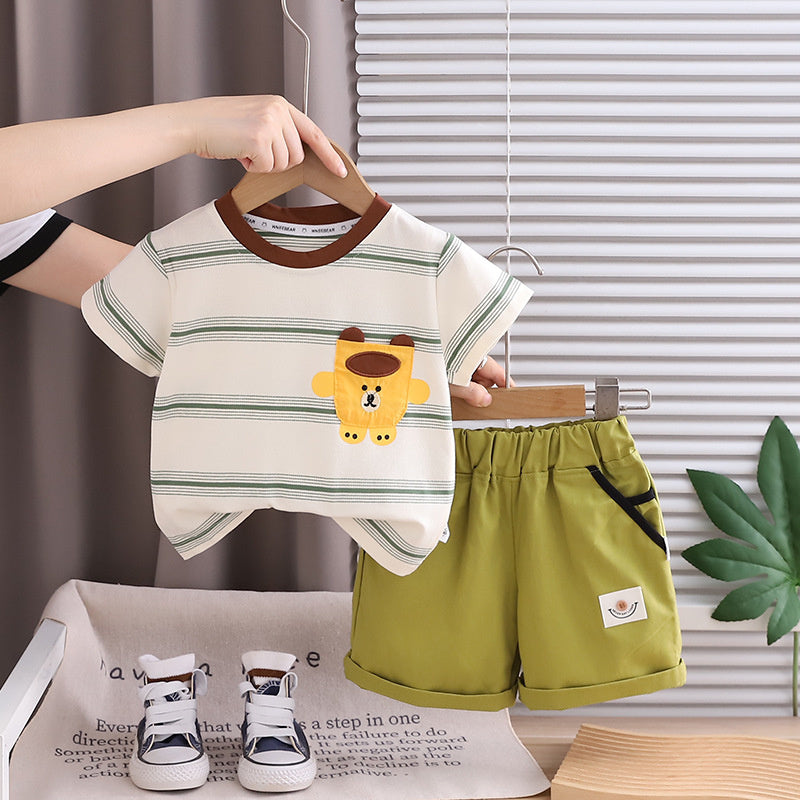 Children's Summer Outfit 2026 New Model Young Boys, Striped Bear Head Round Neck Short Sleeve Two-Piece Set with Shorts for Boys