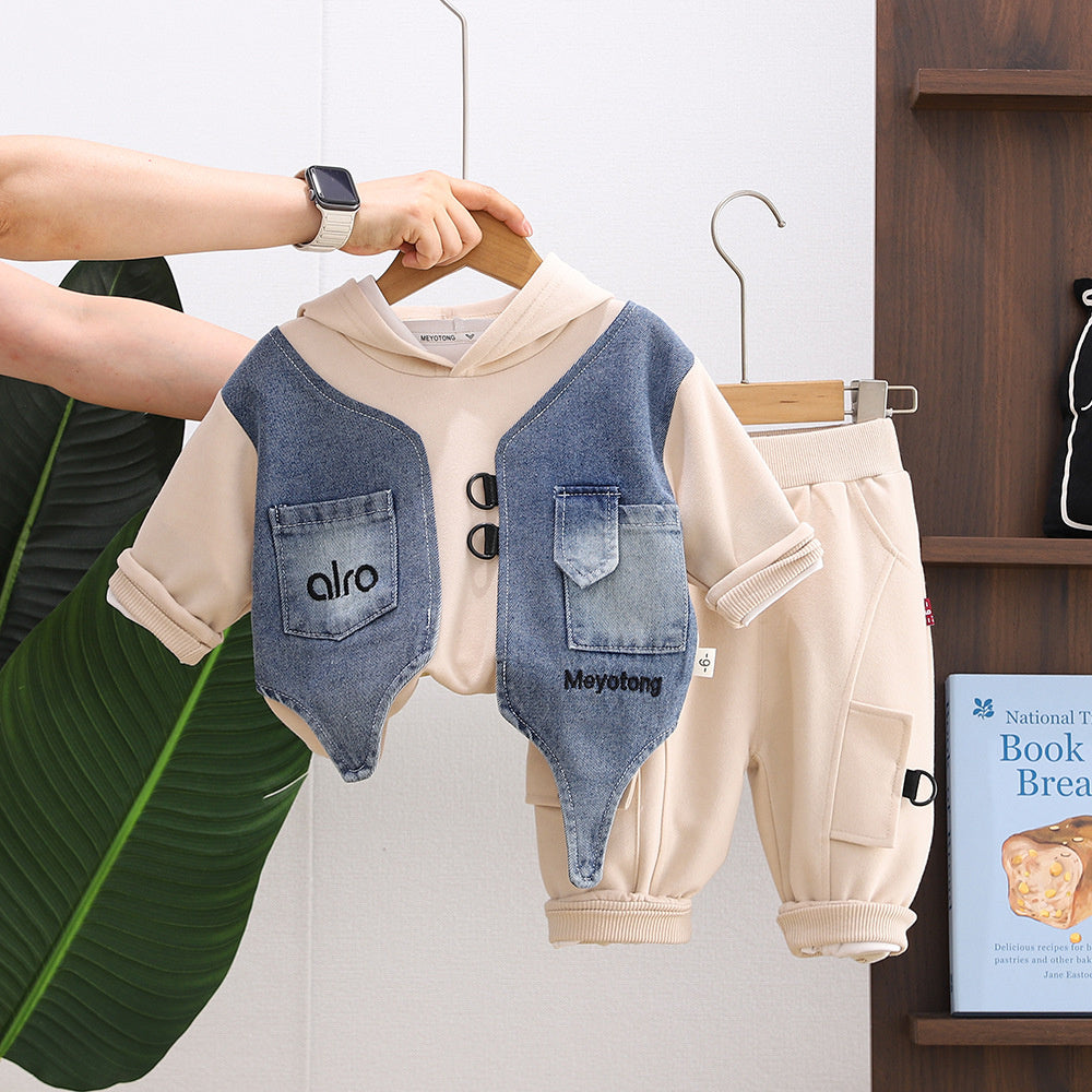 Children's clothing for spring and autumn, boys' denim fake vest two-piece toddler hooded sweatshirt top set, baby clothes